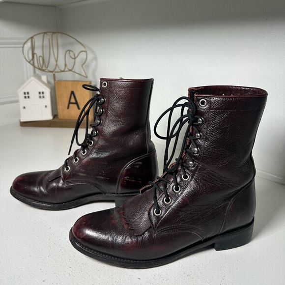 Justin Boots Shoes - Justin Vintage Kiltie Lace-Up Boots Women’s 6.5B Burgundy Brown Leather USA